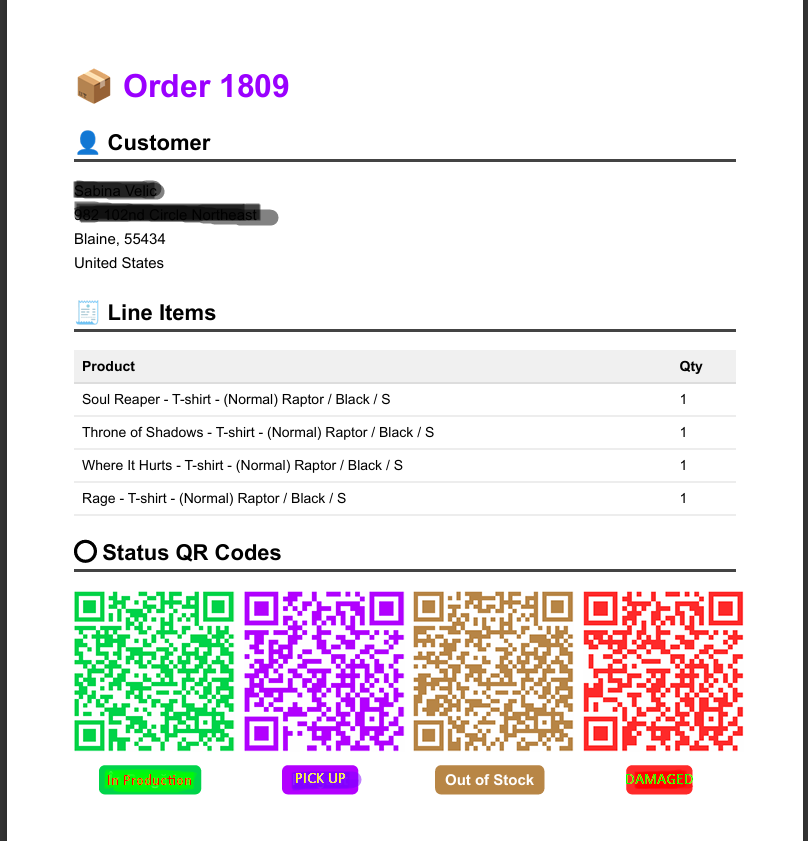 Generated packing slip with QR status codes
